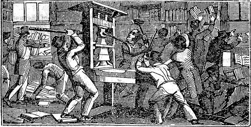 An illustration from 1836 of cancel culture in 1835 where pro-slavery assholes demolished a printing press exercising the fre