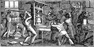 An illustration from 1836 of cancel culture in 1835 where pro-slavery assholes demolished a printing press exercising the fre